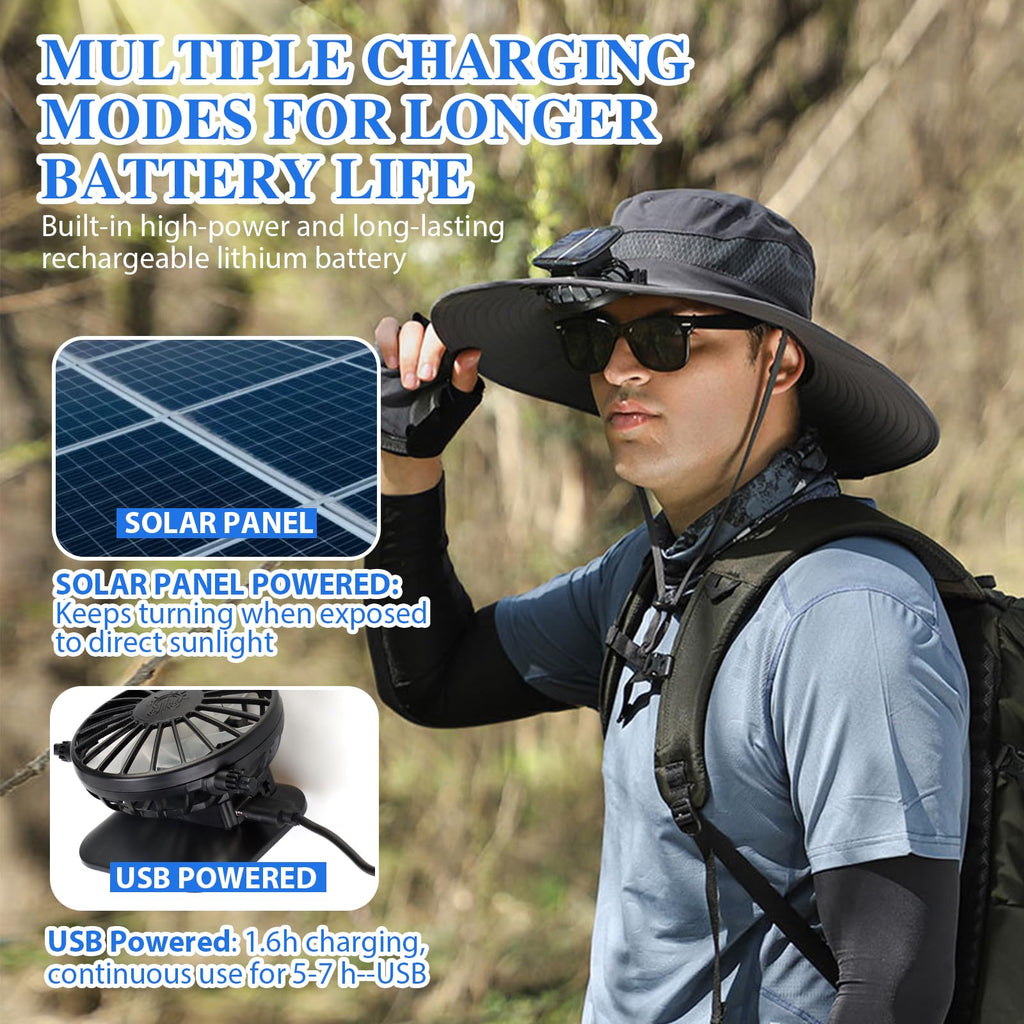 Solar Fan Hat with Dual Fans – UPF 50+ Waterproof Wide Brim Sun Cap for Fishing & Outdoor